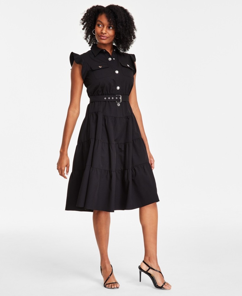 Tahari ASL Women's Snap-Front Tiered Midi Dress Black Size 16 MSRP $159