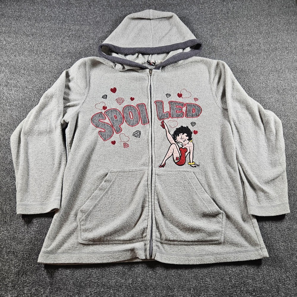 Betty Boop Hoodie Womens 2XL Gray Spoiled Zip Fleece Sweatshirt Jacket 90s Y2K
