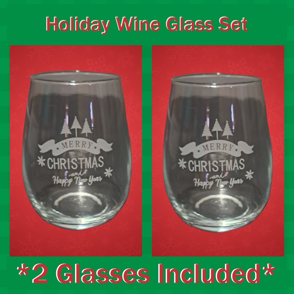Set of 2 Holiday Merry Christmas & Happy New Year Stemless Wine Glasses
