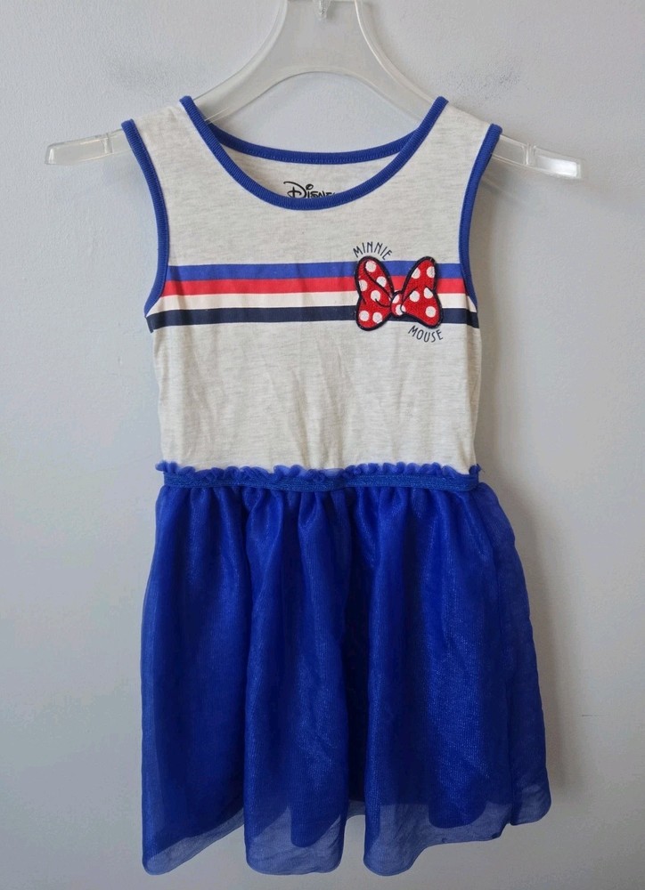 Disney Minnie Mouse Girls Dress Size 7/8 Blue Tulle Skirt Sleeveless Bow Striped