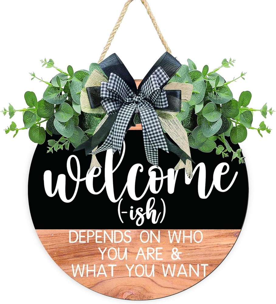 12in Round Wood Welcome Sign Wreath for Door Wall Hanging Decor