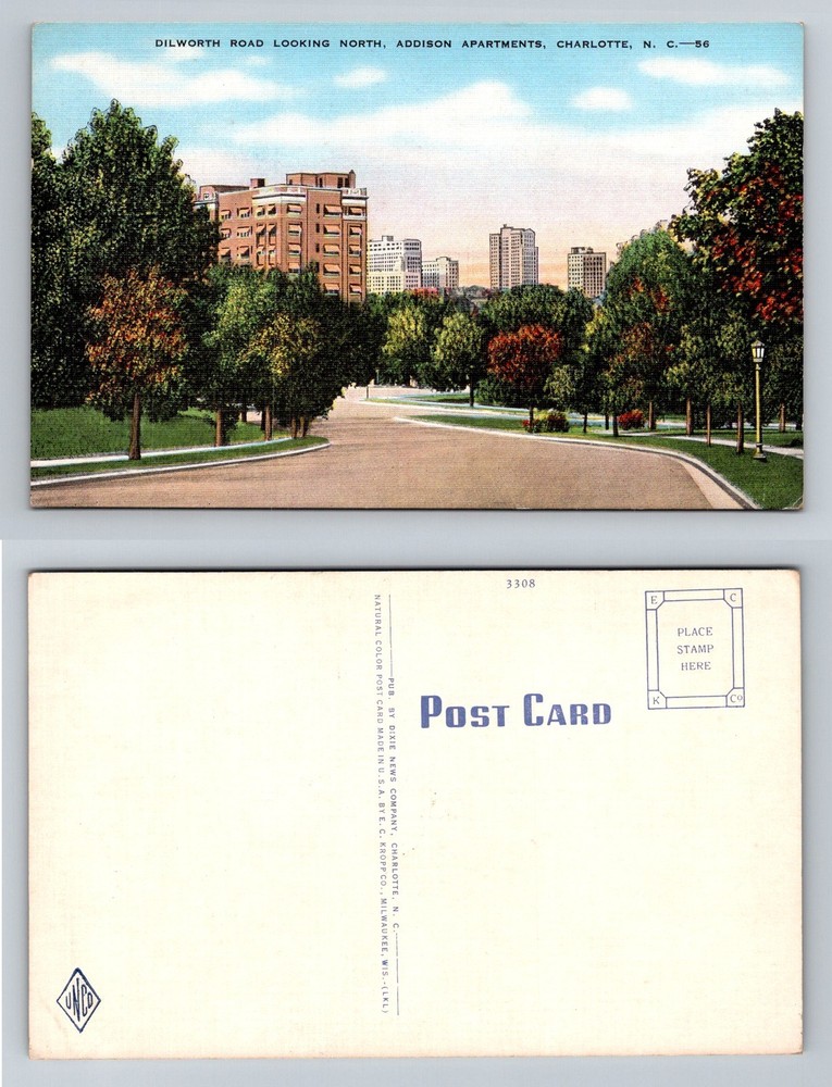 Charlotte, NC-North Carolina, Dilworth Road Addison Apartments Vintage Postcard