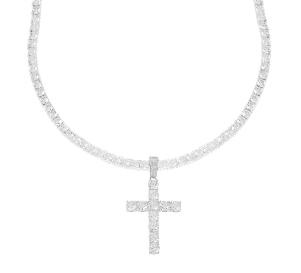 Unisex Silver Iced Out Lab Diamond Cross Pendant 4mm Tennis Chain