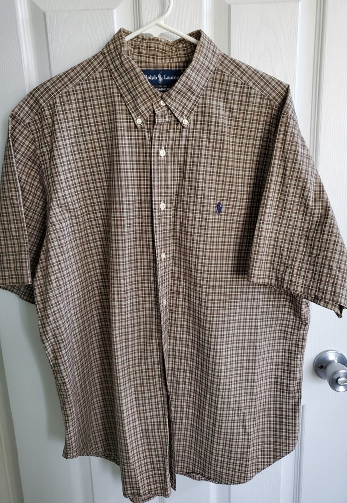 RALPH LAUREN Men's Classic Fit Short Sleeve Brown Plaid Button Down Shirt Sz XL