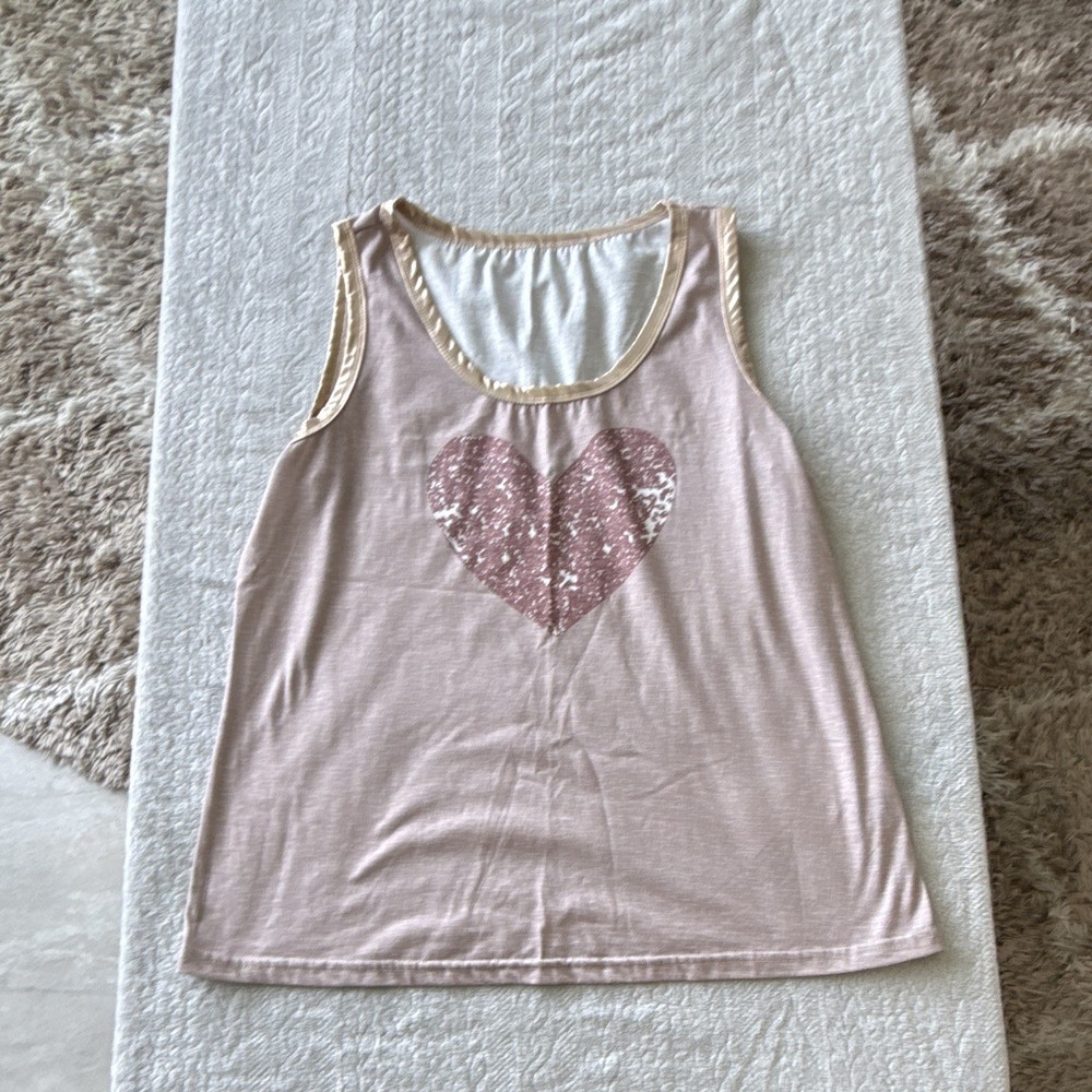 SHEIN Pink Heart Sequin Sleeveless Knit Wide Strap Tank Top Women's Regular L