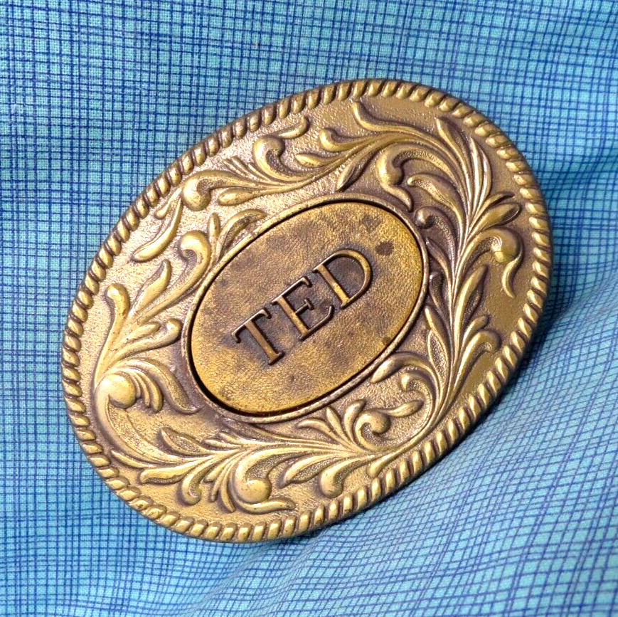 Vintage 1970s TED Cowboy Belt Buckle Western Scroll Name Plate by Kinney Co SHY469