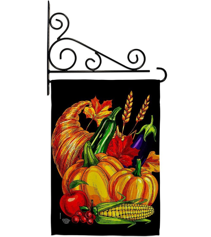 Grateful Cornucopia Garden Flag - Set Wall Holder Fall Thanksgiving Turkey Gi...