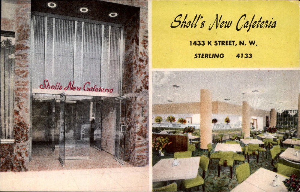 Washington DC Stolls Cafeteria near Statler Hotel two view 1950s postcard