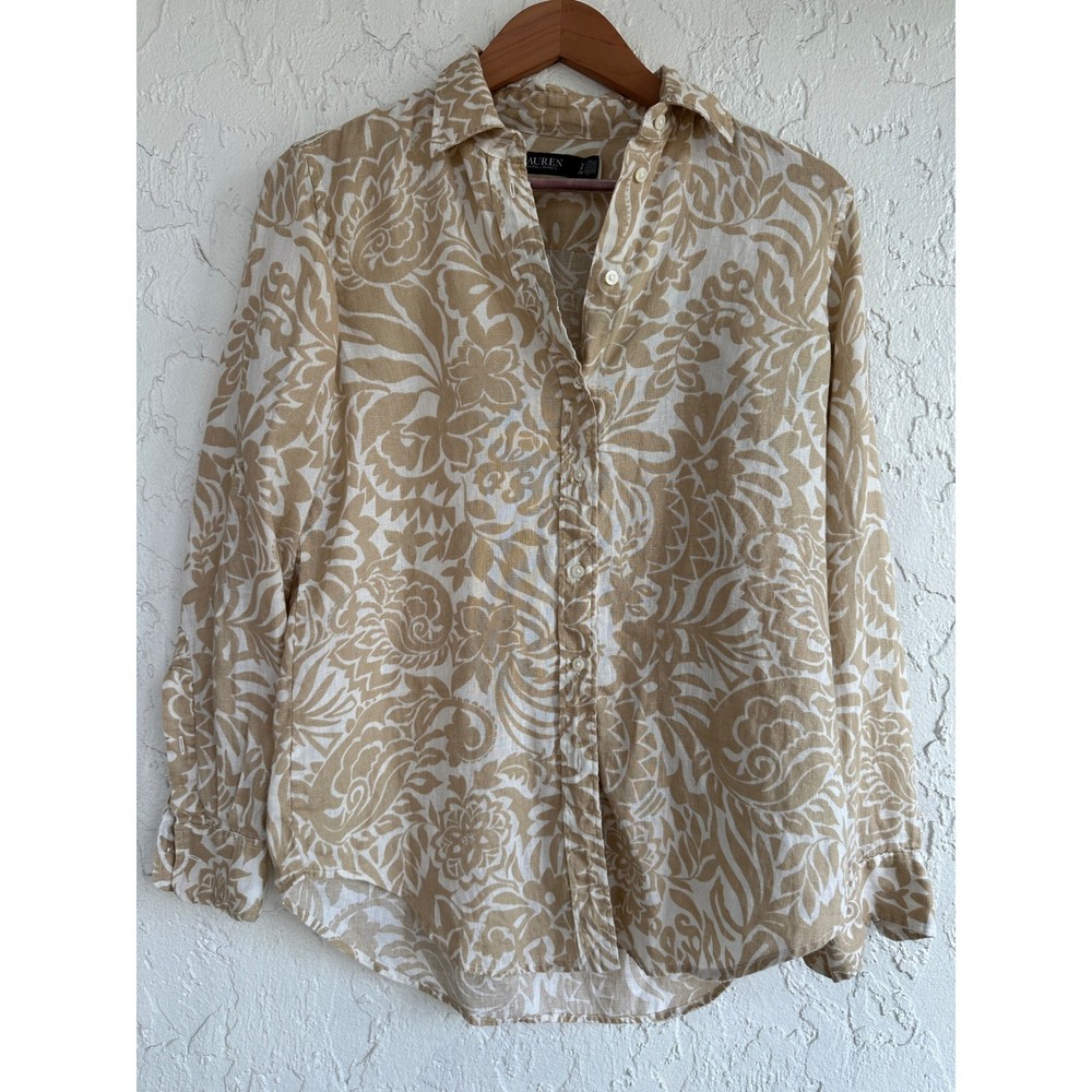 Lauren Ralph Lauren Tan White Floral Paisley 100% Linen Button Down Shirt Small