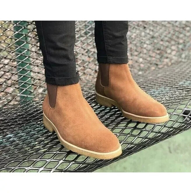 Men's Stylish Handmade Tan Suede Chelsea Dress Boots for Office Comfort
