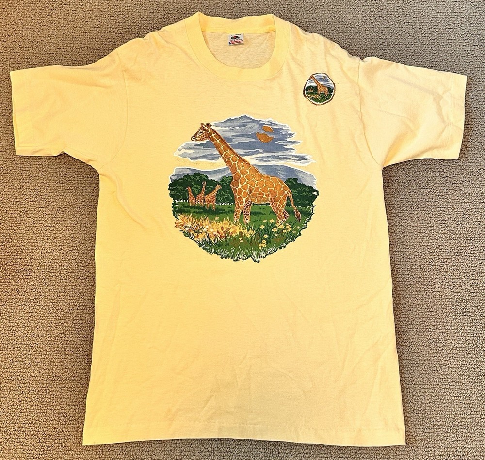 Vintage 90s Giraffe Animal Graphic T Shirt L FOTL Tag Single Stitch