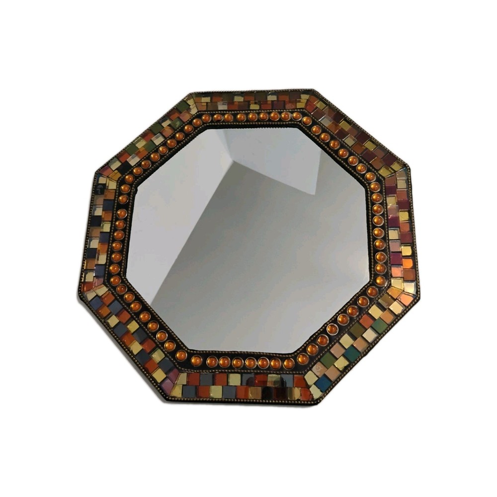 Partylite Octagonal Mirror / Tray With Colorful Mosaic Tile & Amber Accents 12