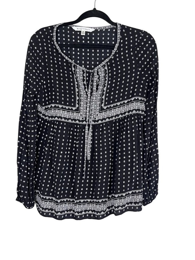 Max Studio Black Boho Floral Peasant Tunic Top Women Retro 80s Western Indie Style