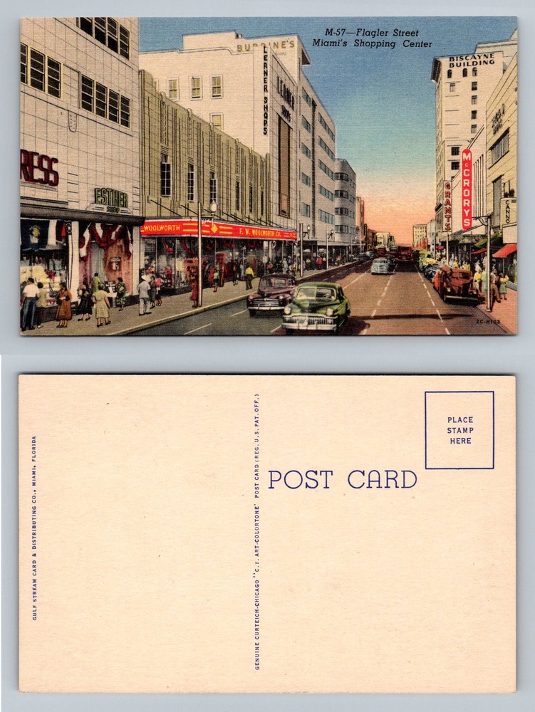 Miami, FL-Florida, Flagler Street Biscayne Building Shopping Vintage Postcard