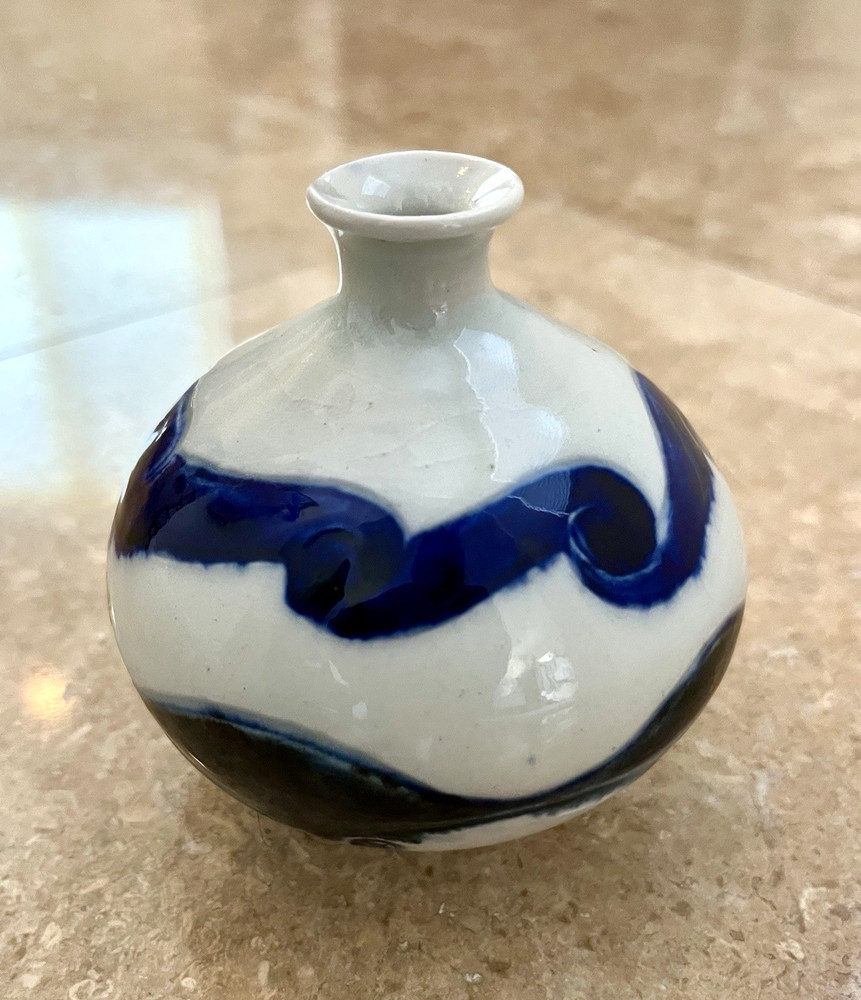 VINTAGE Studio Art Pottery Ceramic Blue/White Glazed Bud Vase -Signed by Nancy