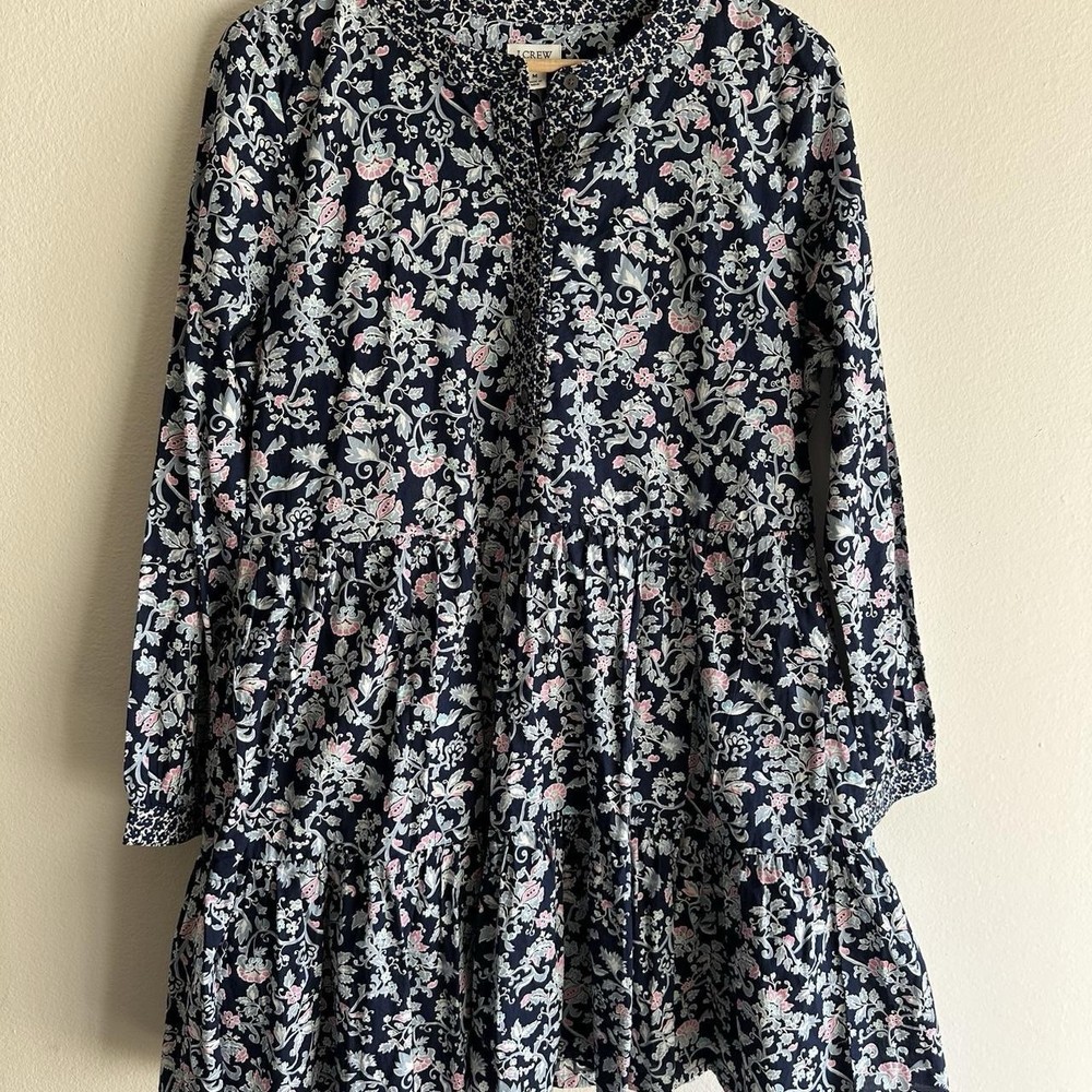 J Crew Lined Midi Dress Women's M Navy Floral Tiered Boho Cottage Core 1/4Button