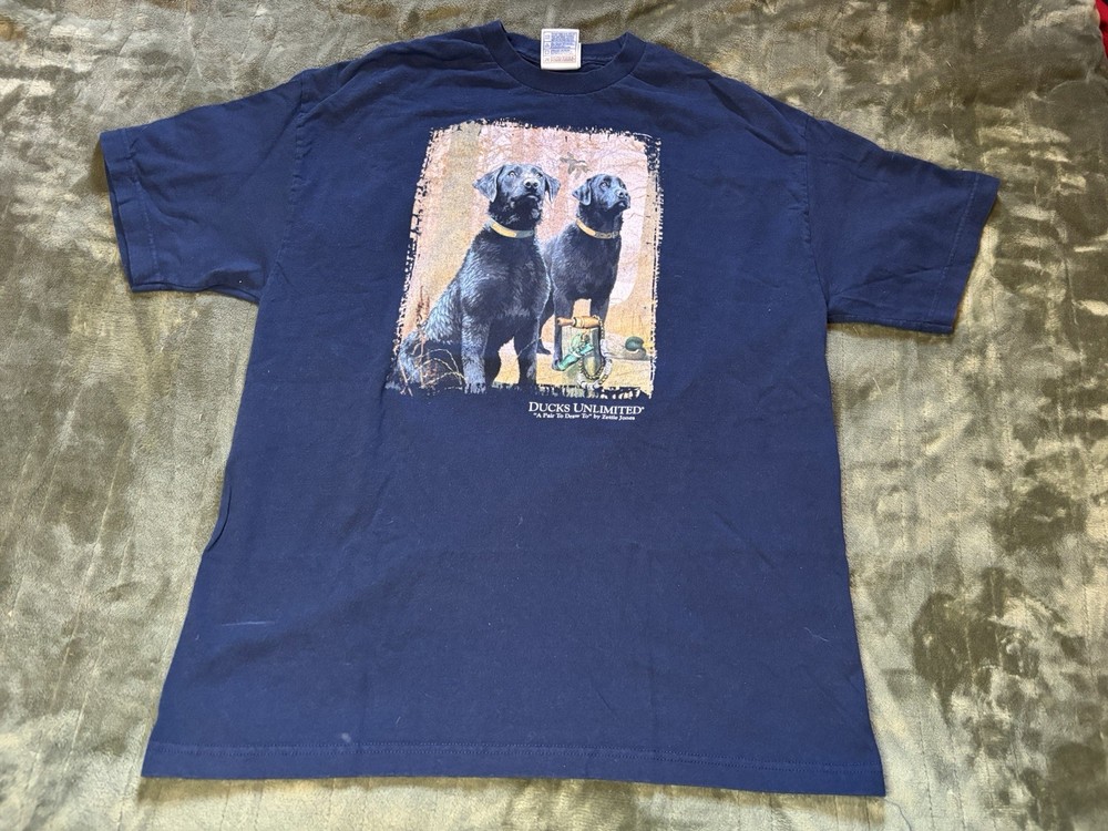 Vintage Ducks Unlimited Black Lab Shirt Mens XL Blue Hunting Dog Art Graphic Tee