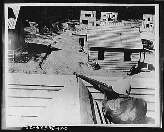 Photo:Military Training Camp 1940s Soldier on Watchtower Rifle Drill
