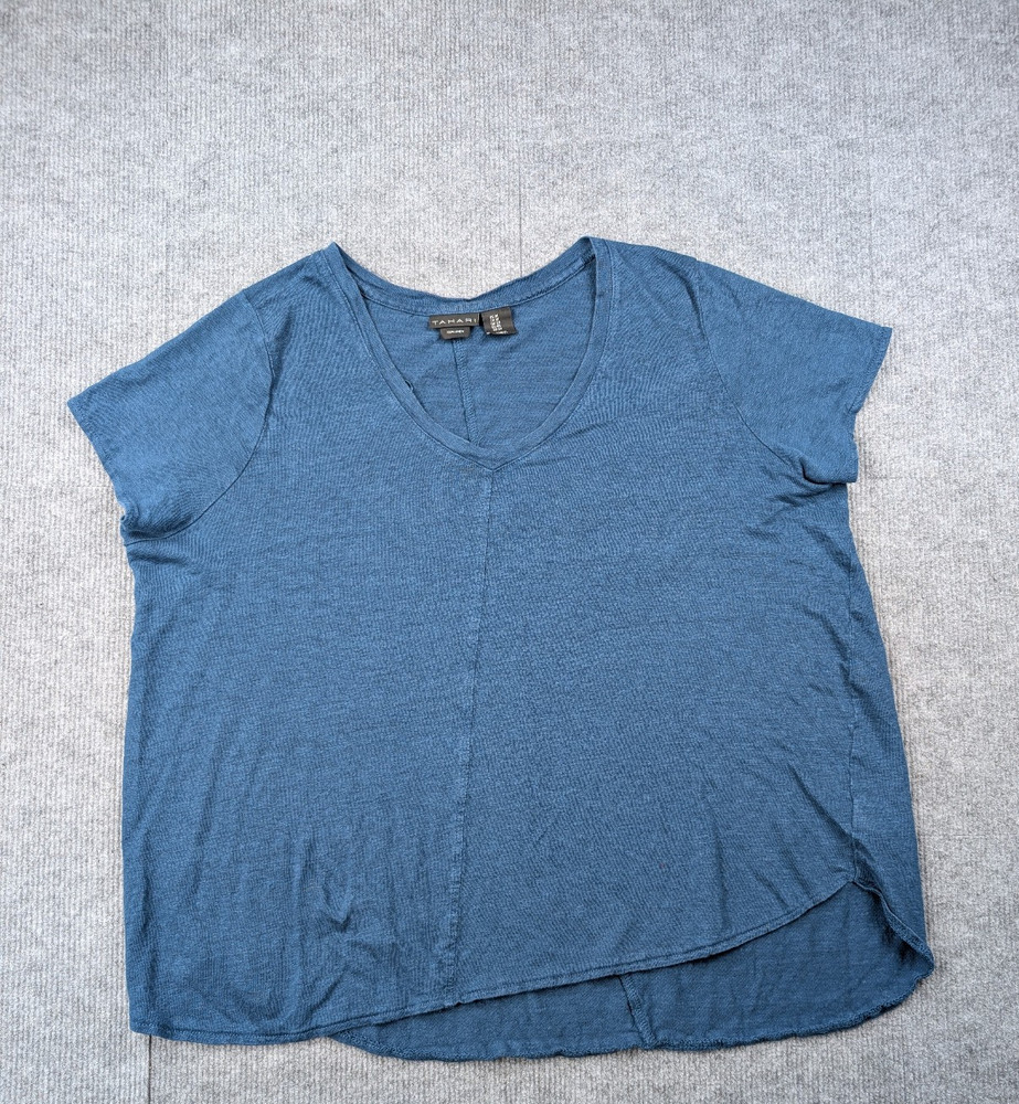 Tahari Linen Shirt Womens 1X Turquoise Blue Minimal Coastal Classic Resort Beach
