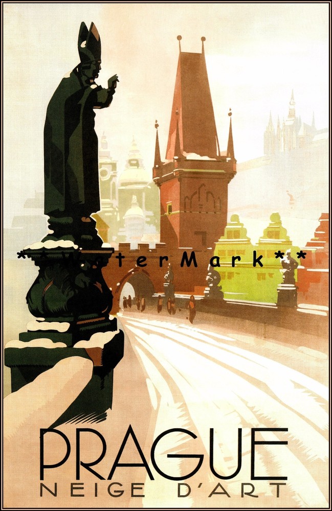 1935 Prague Czech Republic Vintage Travel Poster Print Neige D'Art Tourism Art
