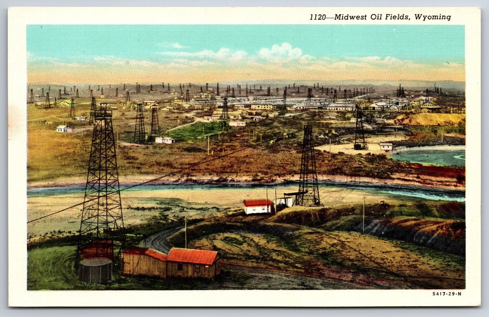 Wyoming~Midwest Oil Fields Birds Eye View~Sanborn Souvenir Vtg Linen Postcard