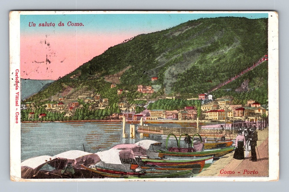 Italy- Lake Como Greetings Port City View Postal Old PC Vintage c1906 Postcard