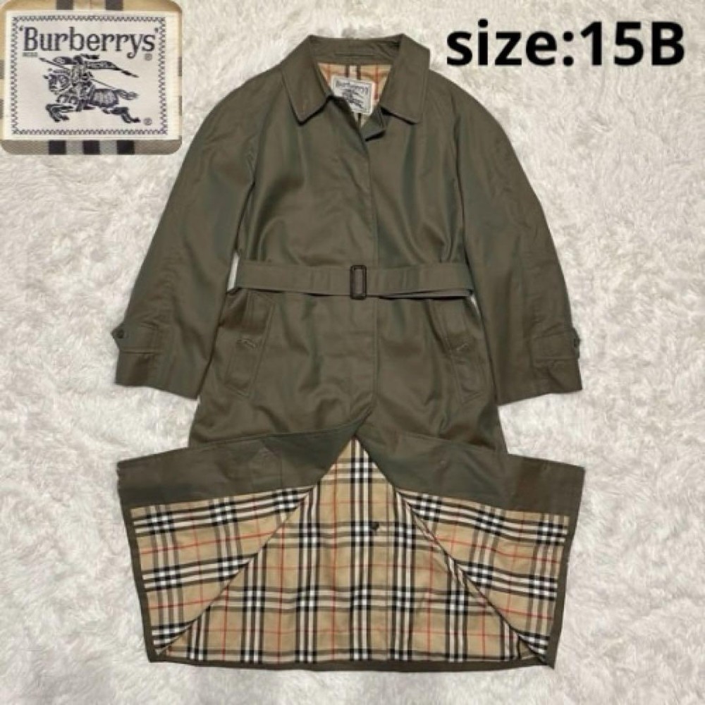 Burberry Stainless Steel Collar Coat Nova Check Long Waist Belt Khaki 15B M1121