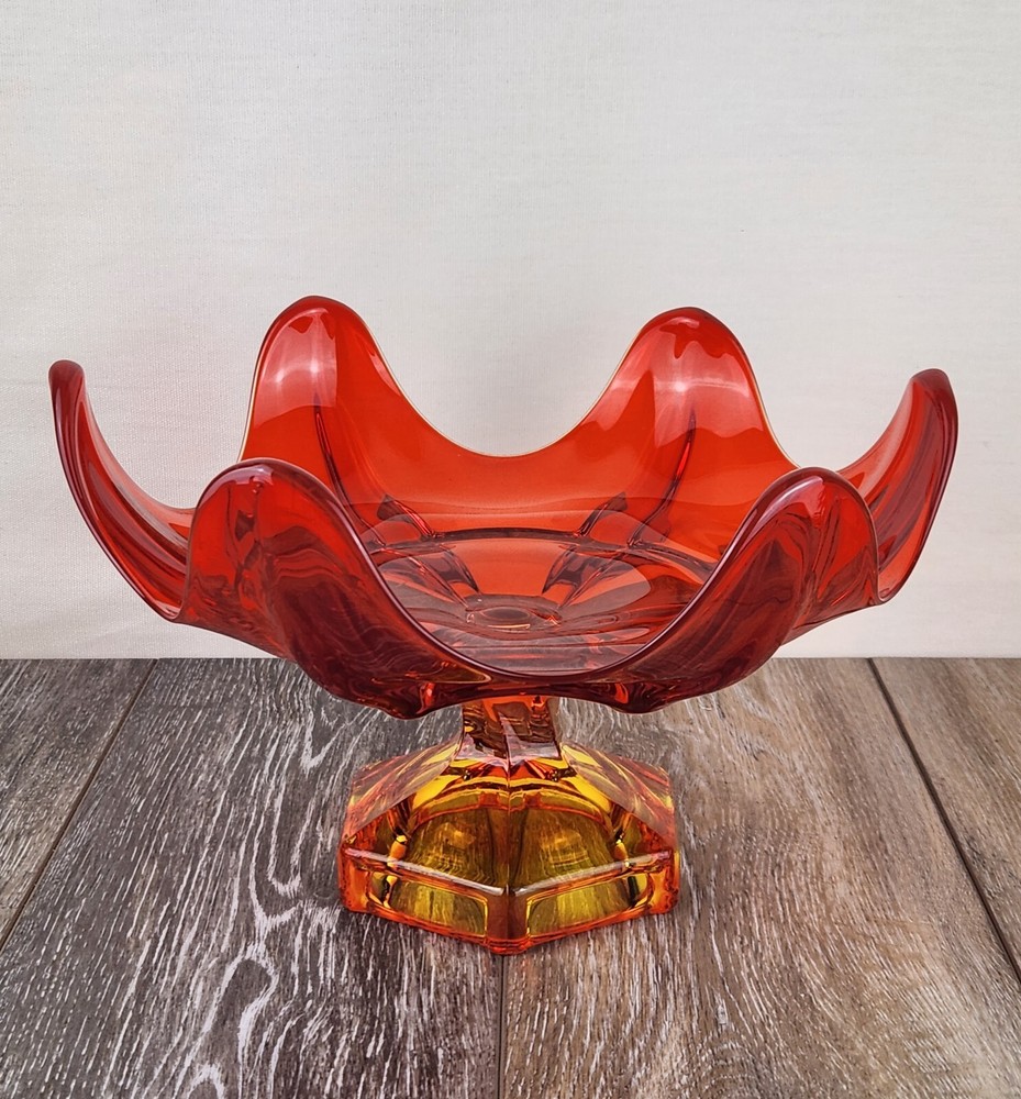 Amberina Viking Glass Pedestal Bowl 7 Inch Retro Petal Design  