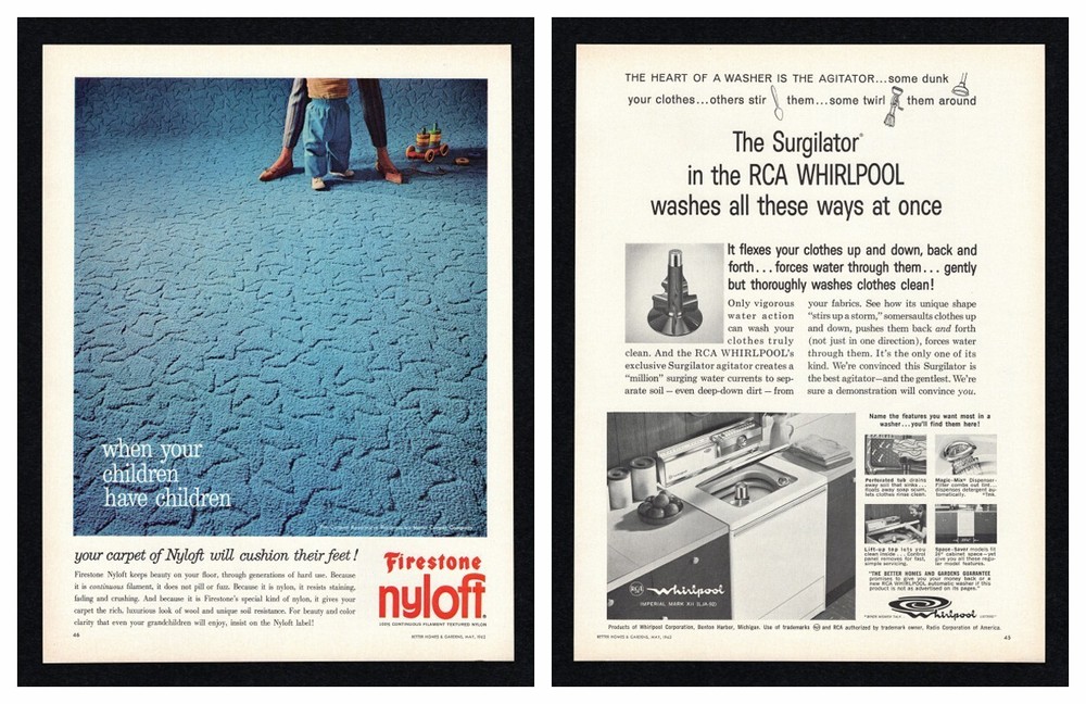 1962 Firestone Nyloft Carpet Continuous / RCA Whirlpool Surgilator Wash Print Ad