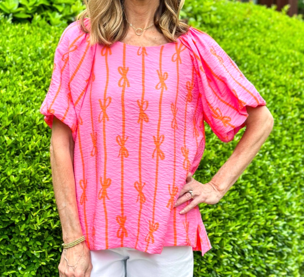 UMGEE Crepe PINK & ORANGE BOW BLOUSE/TOP Crepe PUFF SLEEVES Pullover Sz L