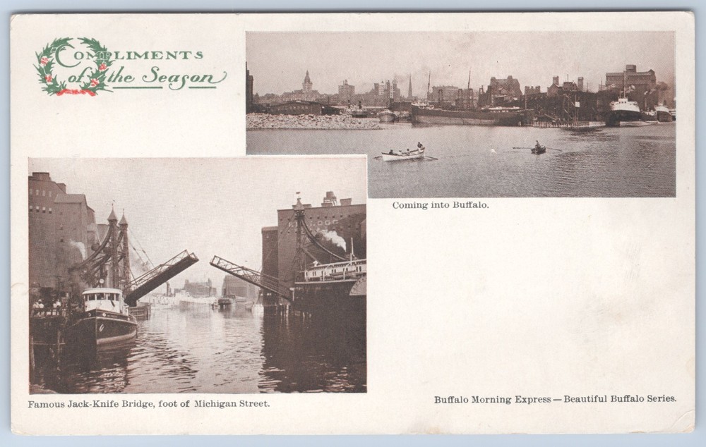 New York Buffalo Harbor Jack-Knife Bridge Michigan St Morning Express Postcard