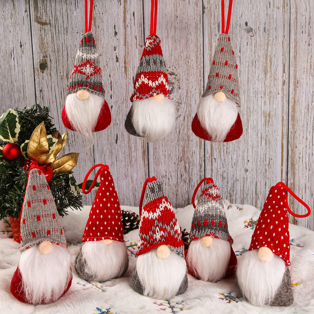 Christmas Gnomes Hanging Ornaments Set of 8, Swedish Gnome Handmade Plush Santa