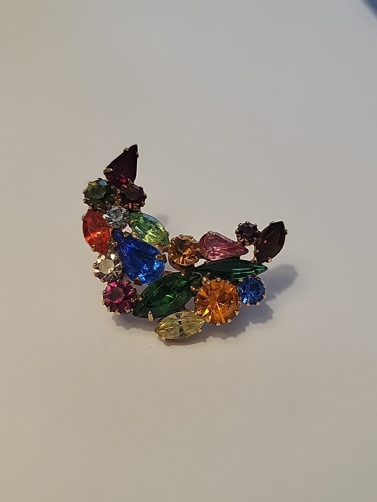 Vintage Multicolor Rhinestone Crescent Brooch Gold Tone 1950s Fruit Salad Pin