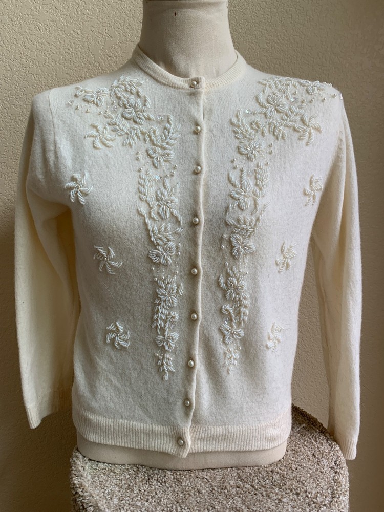 1950s/60s Beaded Cardigan Sweater Cream Wool Angora Pearl Lined Hong Kong 38