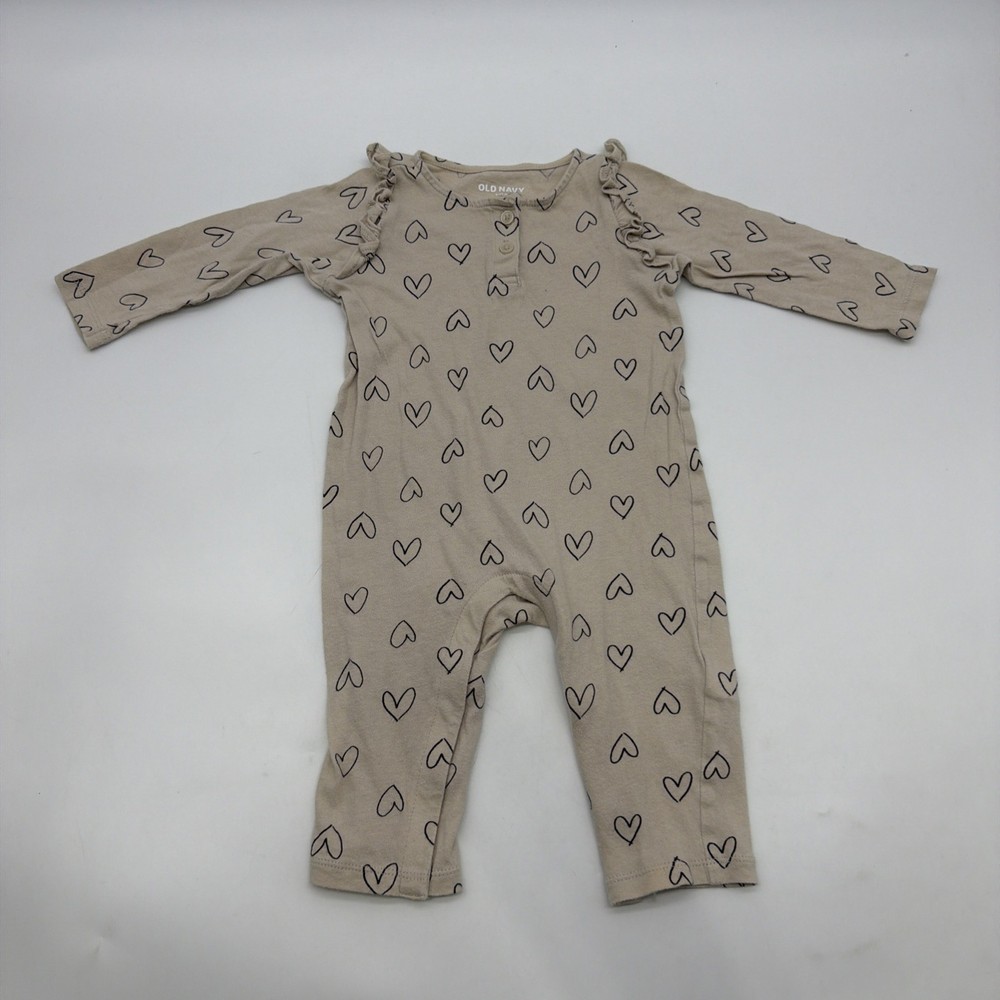 Old Navy One Piece Toddler Girls Size 6-12M Beige Heart Aop .#44280