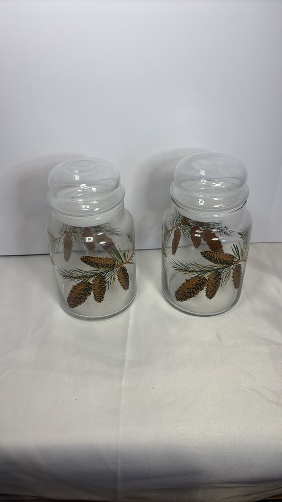 LOT OF 2 Libbey Pine Cone Glass Canister Jar w/ Lid Winter Holiday