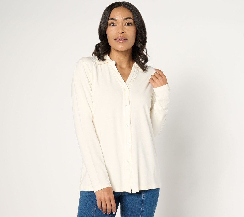 Denim & Co. Women's Top Sz L Essentials So Soft Jersey Lurex Detail White