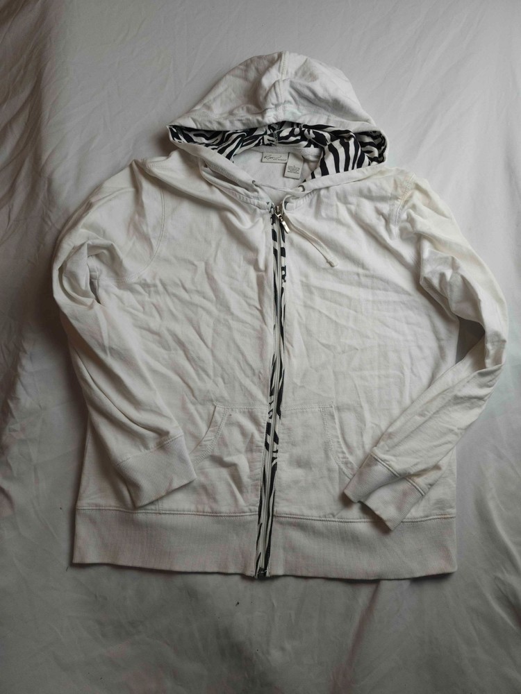 Kim Rogers Hoodie Sweatshirt Womens Large White Zebra Print Trim Full Zip Walk