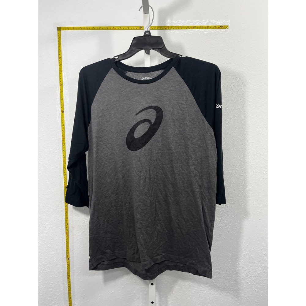 Asics Mens Large Gray Black Raglan 3/4 Sleeve Graphic Logo Training T-Shirt