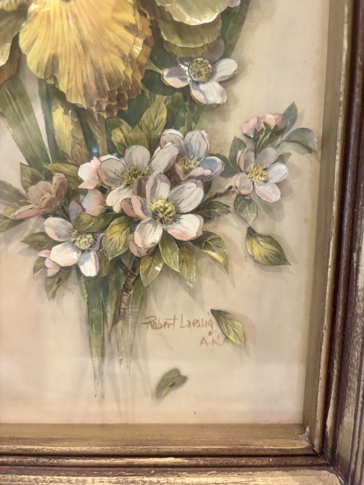 Vintage ROBERT LAESSIG Golden Wood Frame 3D Wildflower MCM Signed
