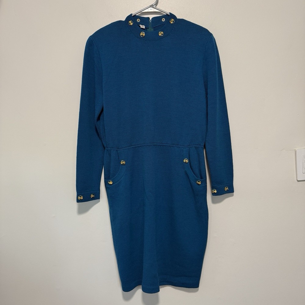 St. John Collection Turquoise Blue Santana Knit Long Sleeve Sweater Dress Size 8