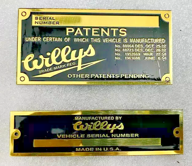 FIT FOR Willys Jeeps Heavy Duty Vehicle Serial Number Data Patents Plate Brass