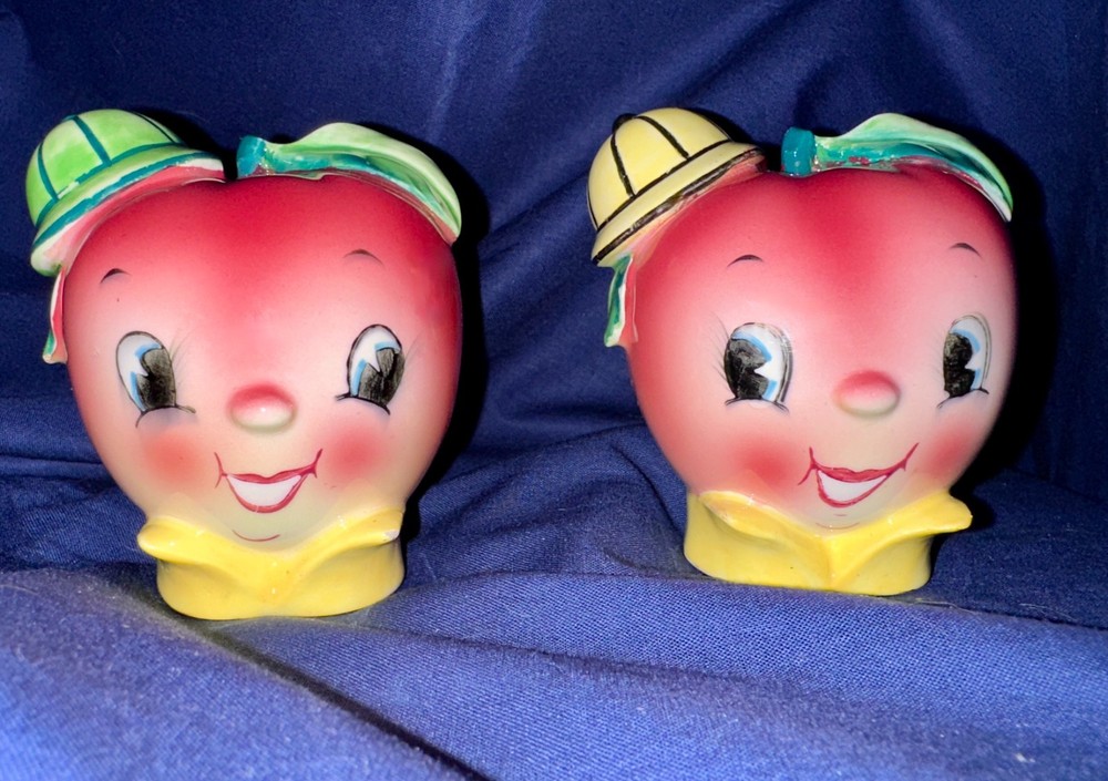 Vintage 1950's PY Anthropomorphic Apple Head Boys Salt And Pepper Shakers