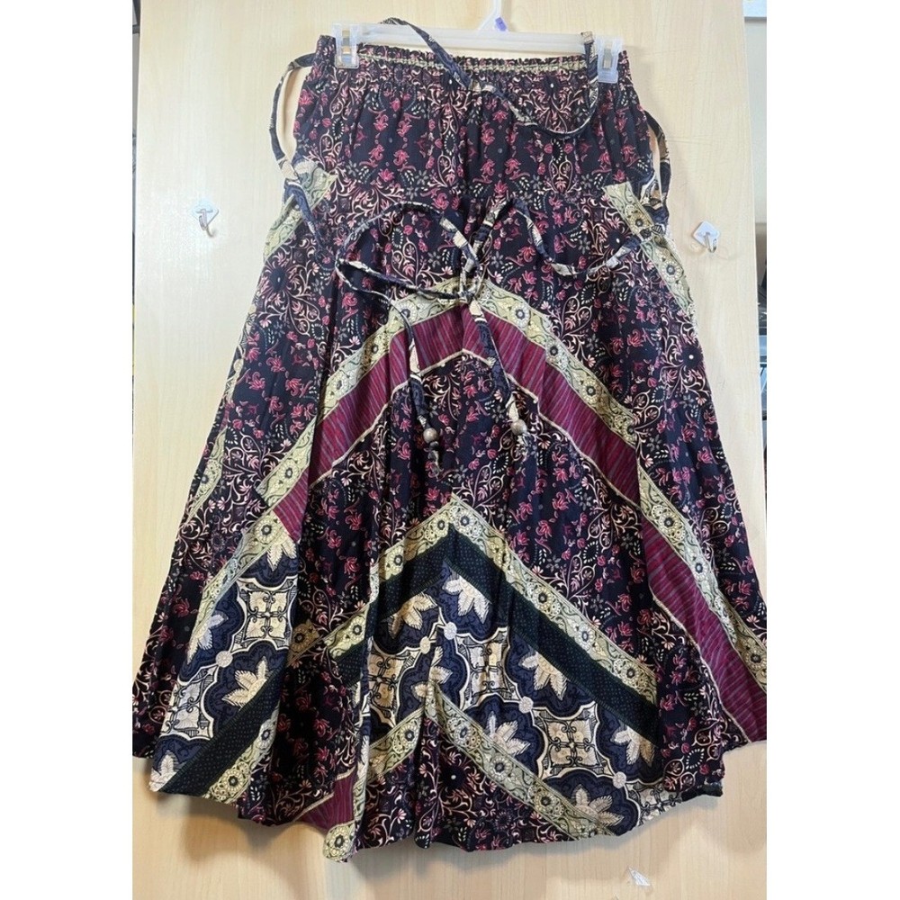 Boho Patchwork Maxi Skirt Floral Print Elastic Waist Drawstring Boho Chic L