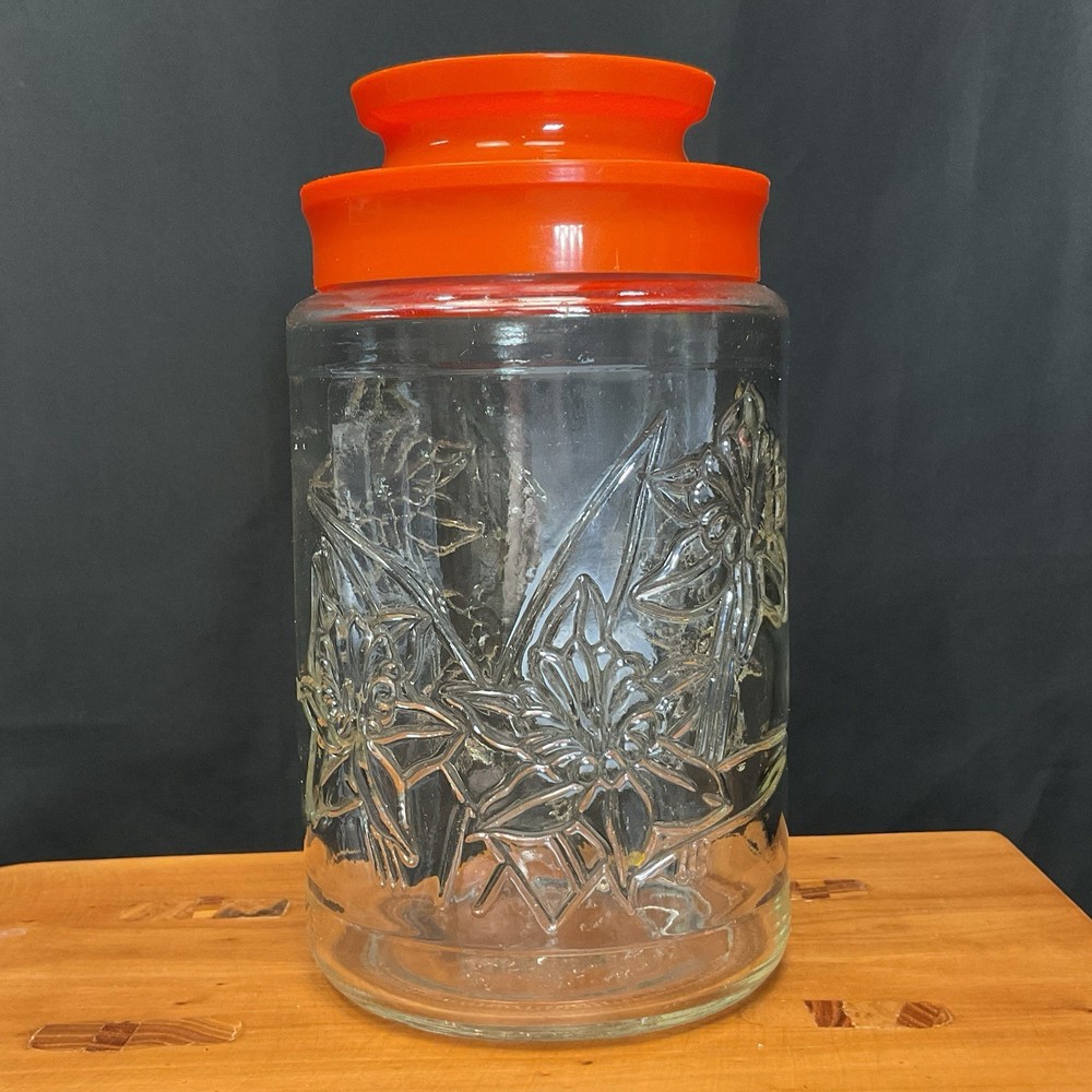 Vintage Anchor Hocking Glass Jar Canister Orange Lid DAFFODILS Tang Coffee