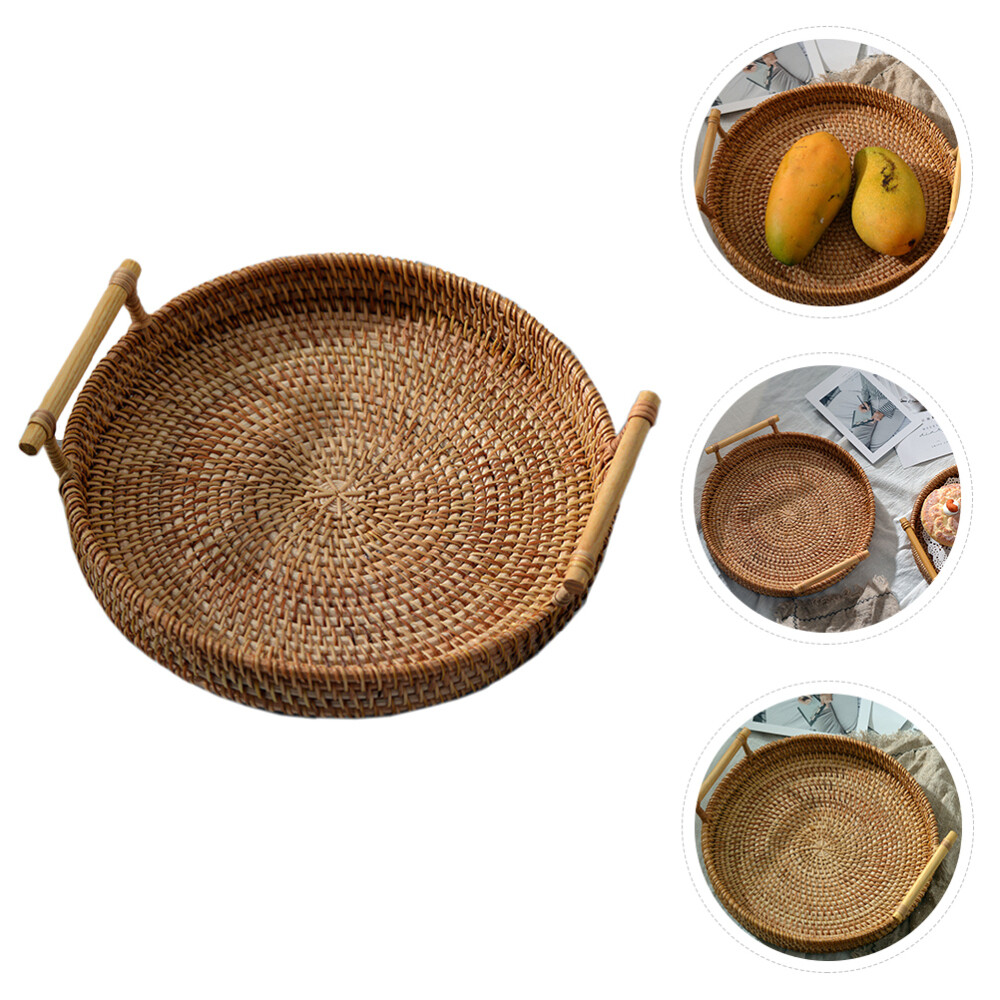 Large Round Rattan Basket Dim Sum Fruit Plate Woven Containers for Food