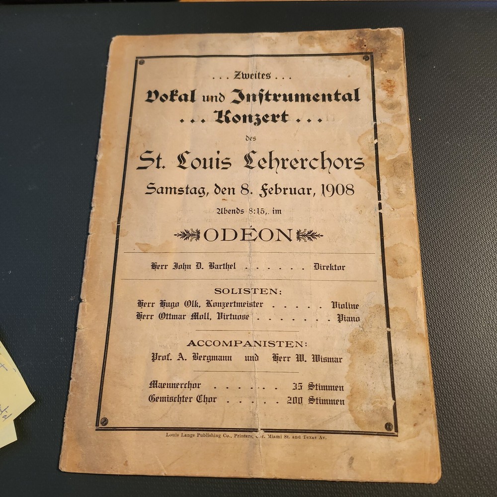 St. Louis Lehrerchors Concert Program At Odeon Theater Feb. 8, 1908