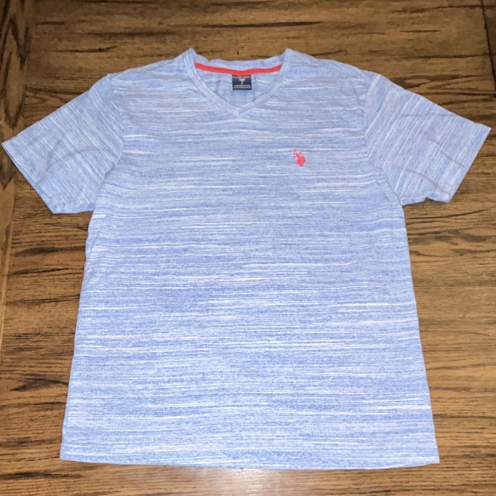 U.S. Polo Assn. Men's V-Neck Striped Blue White Logo Short Sleeve T-Shirt Size S