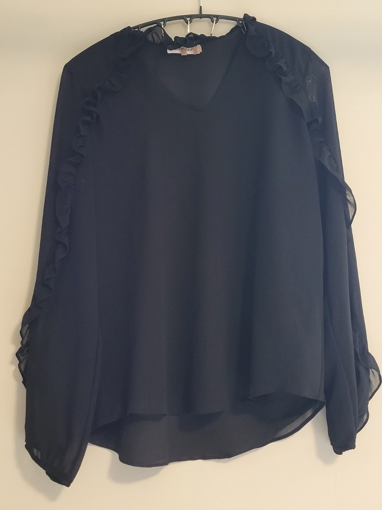 Calvin Klein Black Chiffon Sheer Ruffle V-Neck Blouse XS Polyester Pullover