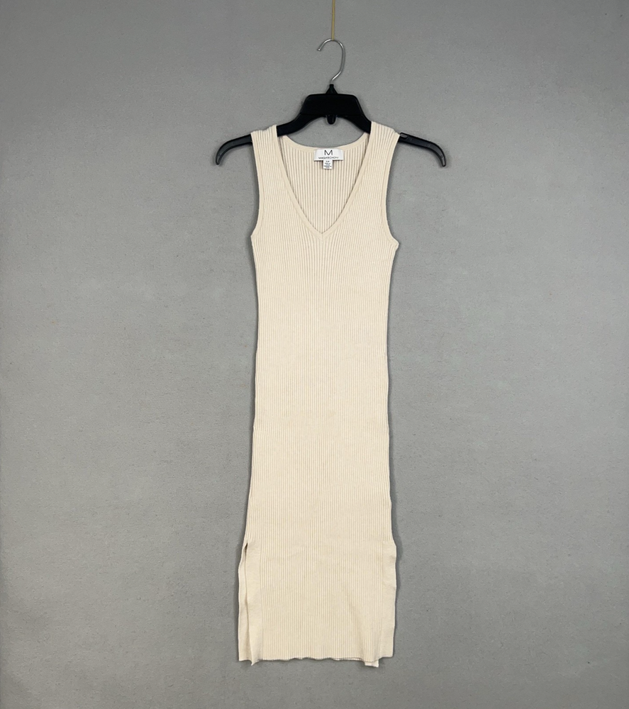 Magaschoni Sweater Dress Womens Small Beige Ribbed Knit Sleeveless V Neck Midi